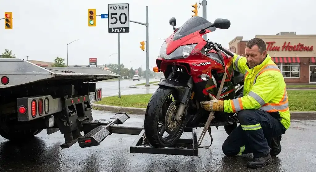 Chicago motorcycle being safely loaded for transport