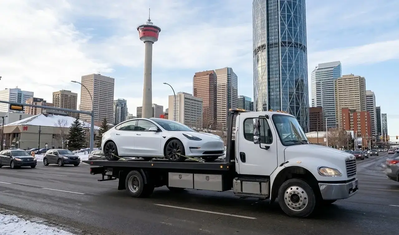 Chicago electric vehicle on flatbed transport